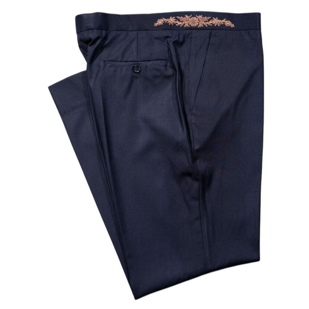 Mens Gurkha Pants Blue Wool Gold Hand Embroidery Straight Flat Front Trousers 38